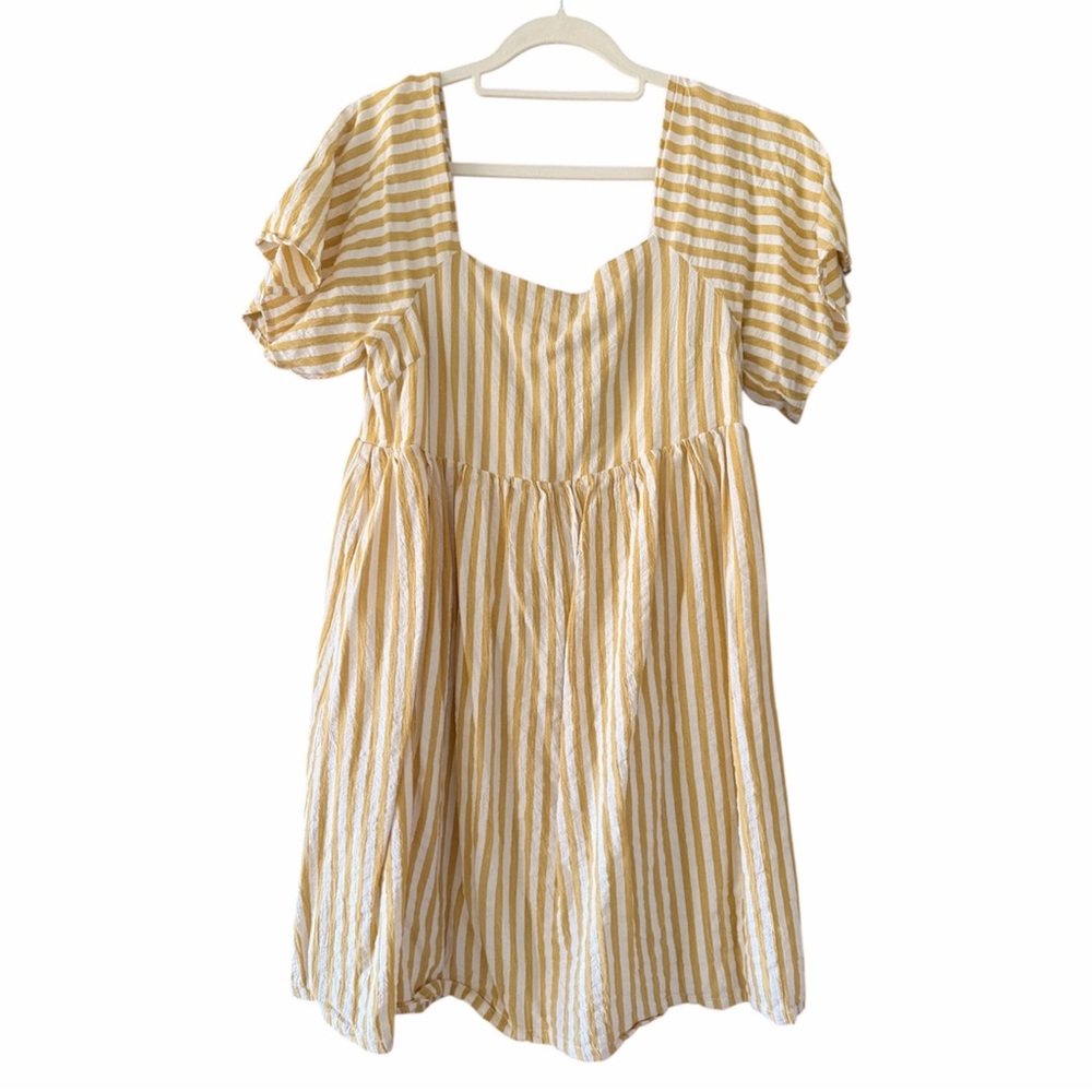Entro Mustard Yellow White Striped Babydoll Mini Dress Ruffle Sleeve Large